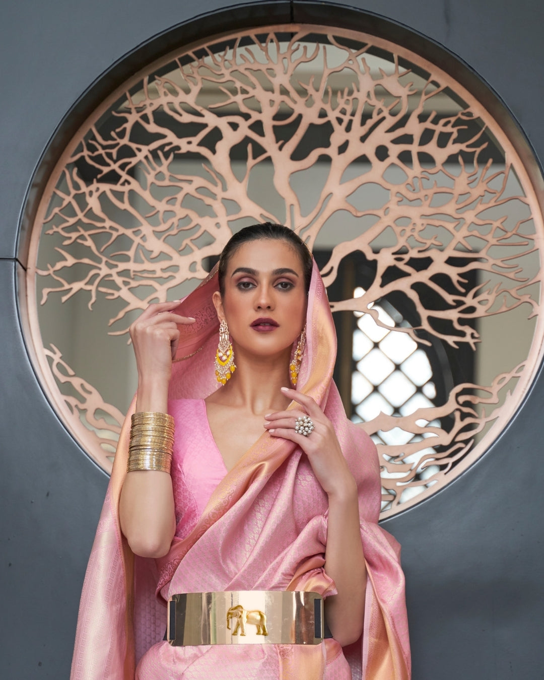 Pink Self Woven Silk Saree