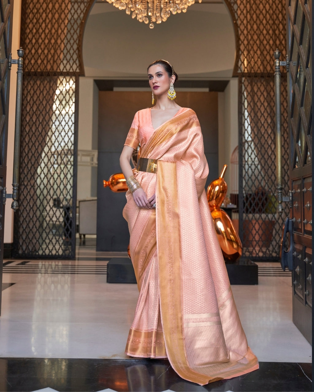Peach Self Woven Silk Saree