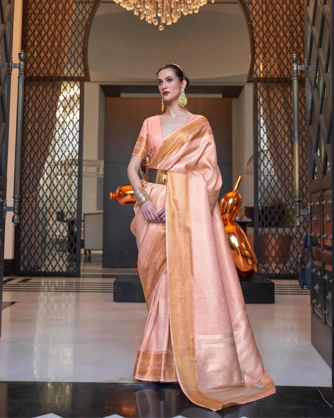 Peach Self Woven Silk Saree