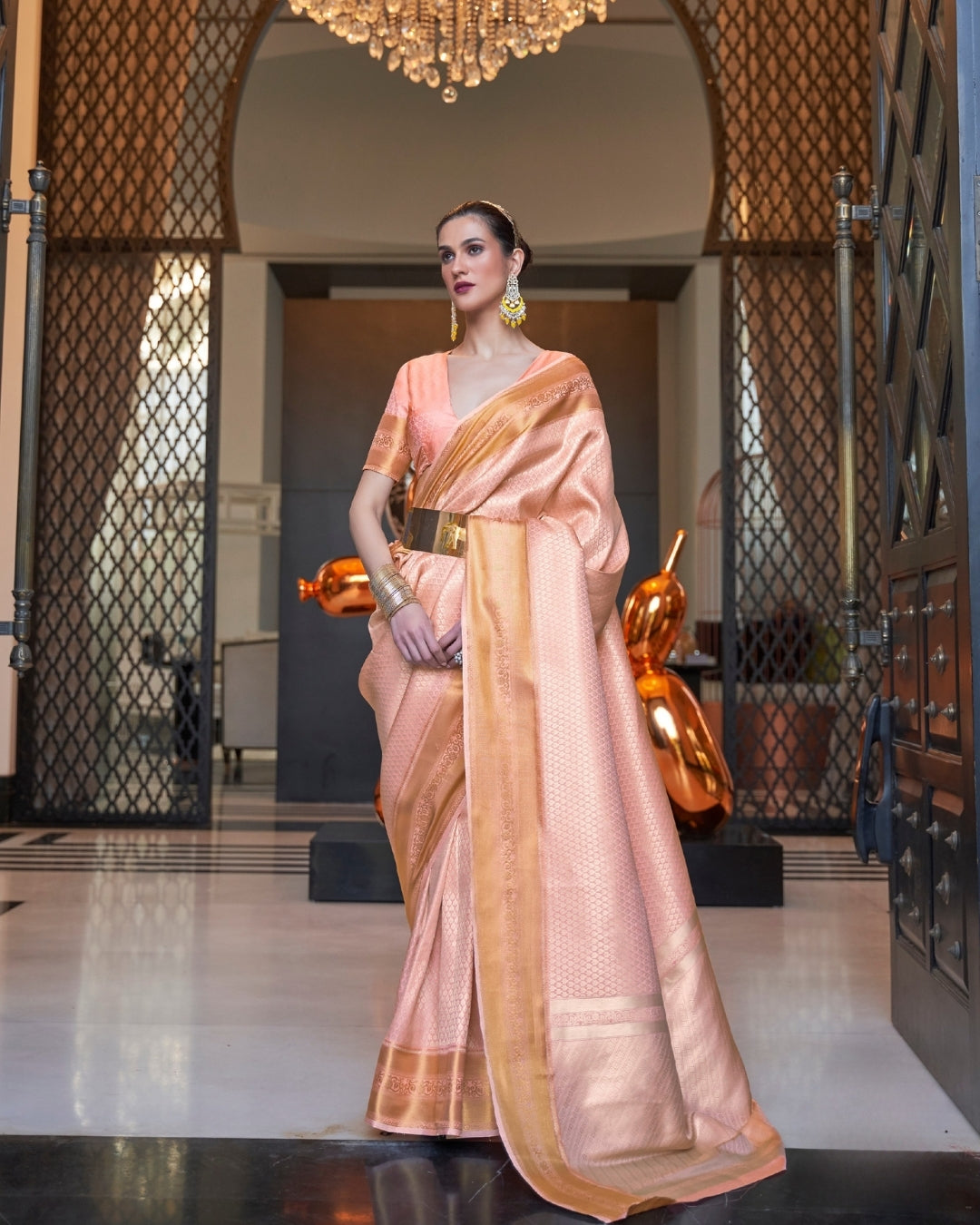 Peach Self Woven Silk Saree