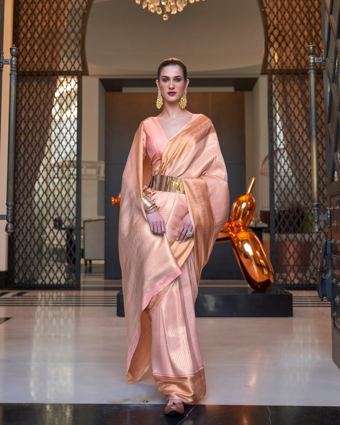 Peach Self Woven Silk Saree