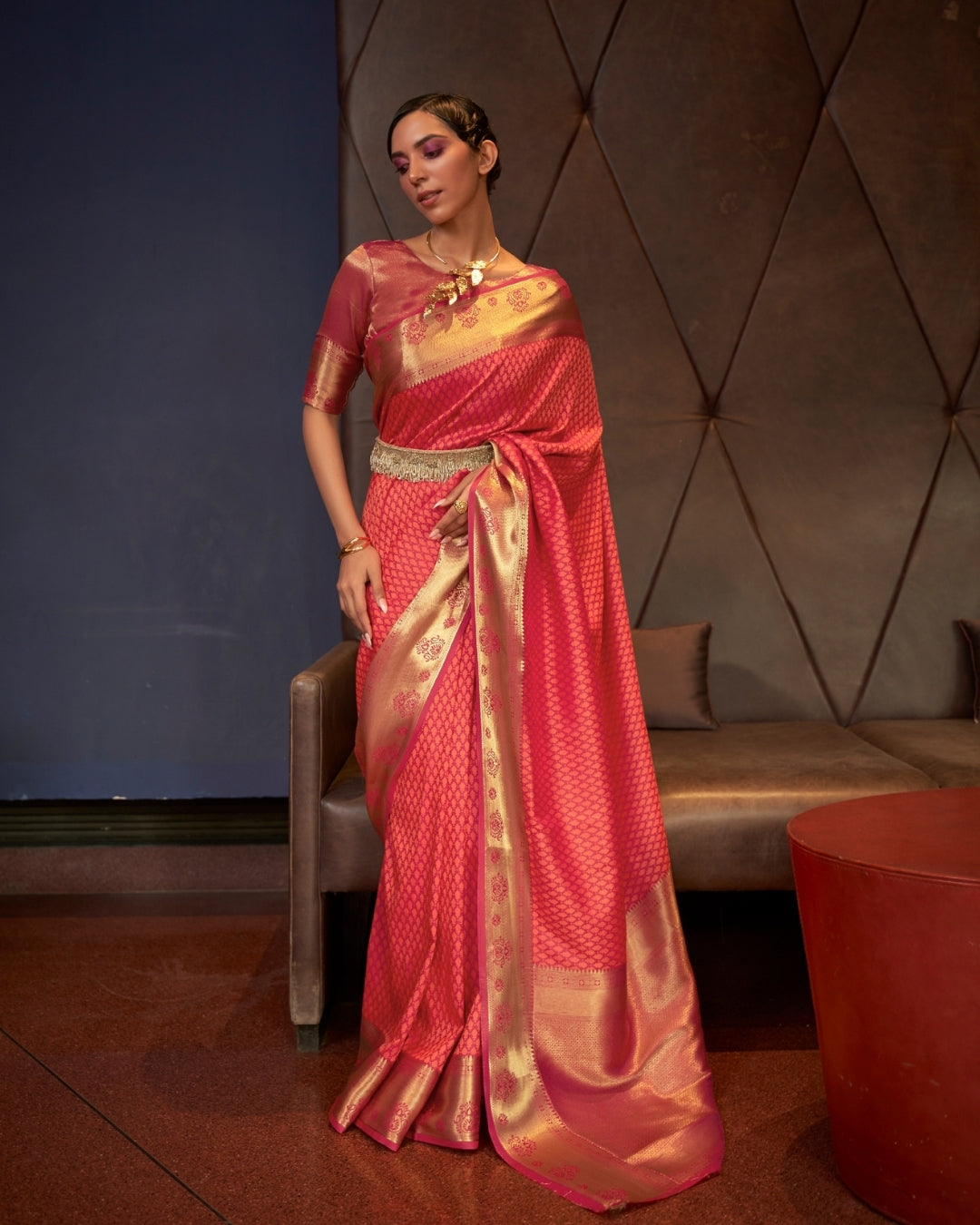 Red Self contrasting Handloom woven saree