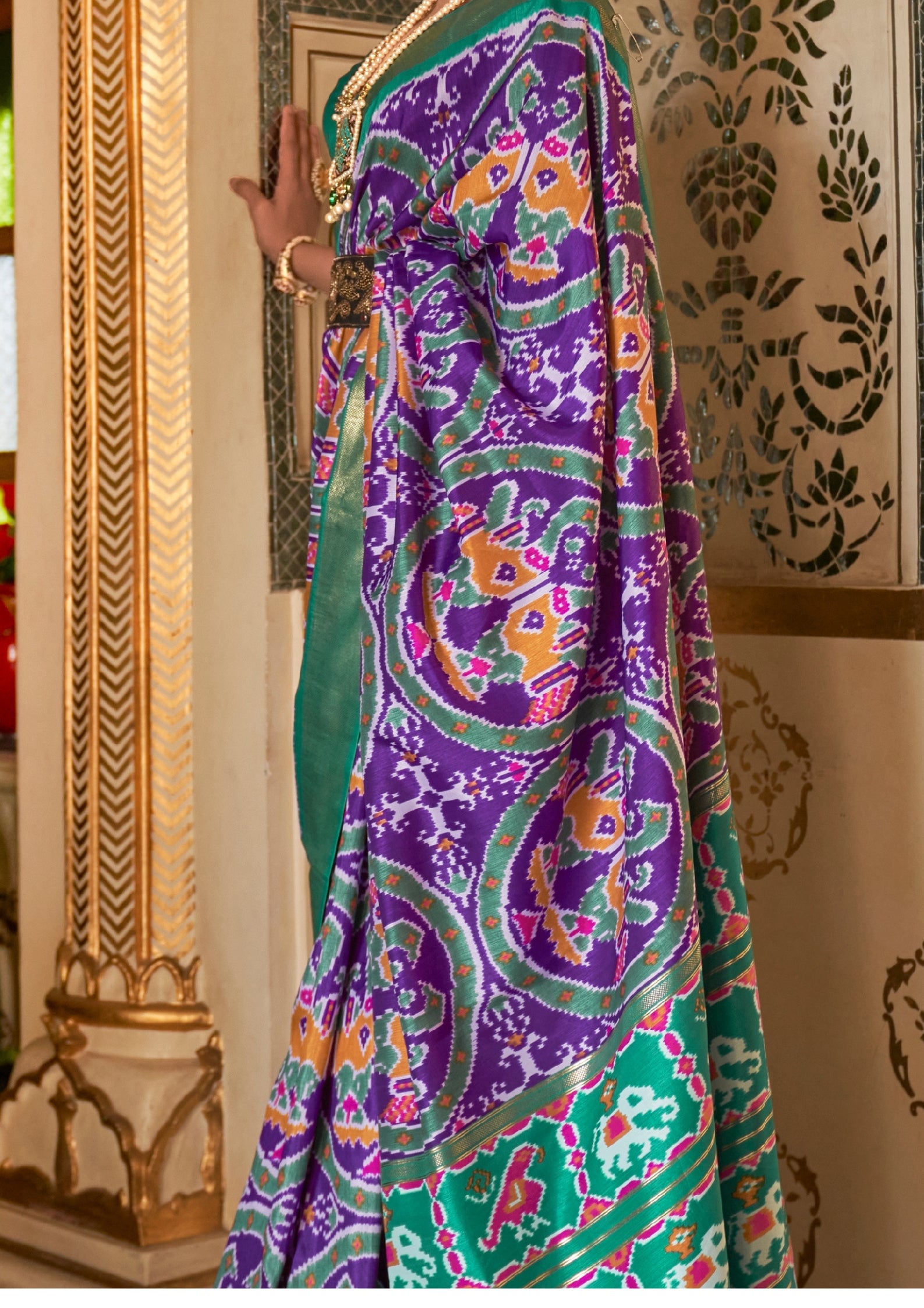 Purple Patola Saree With Teal Border