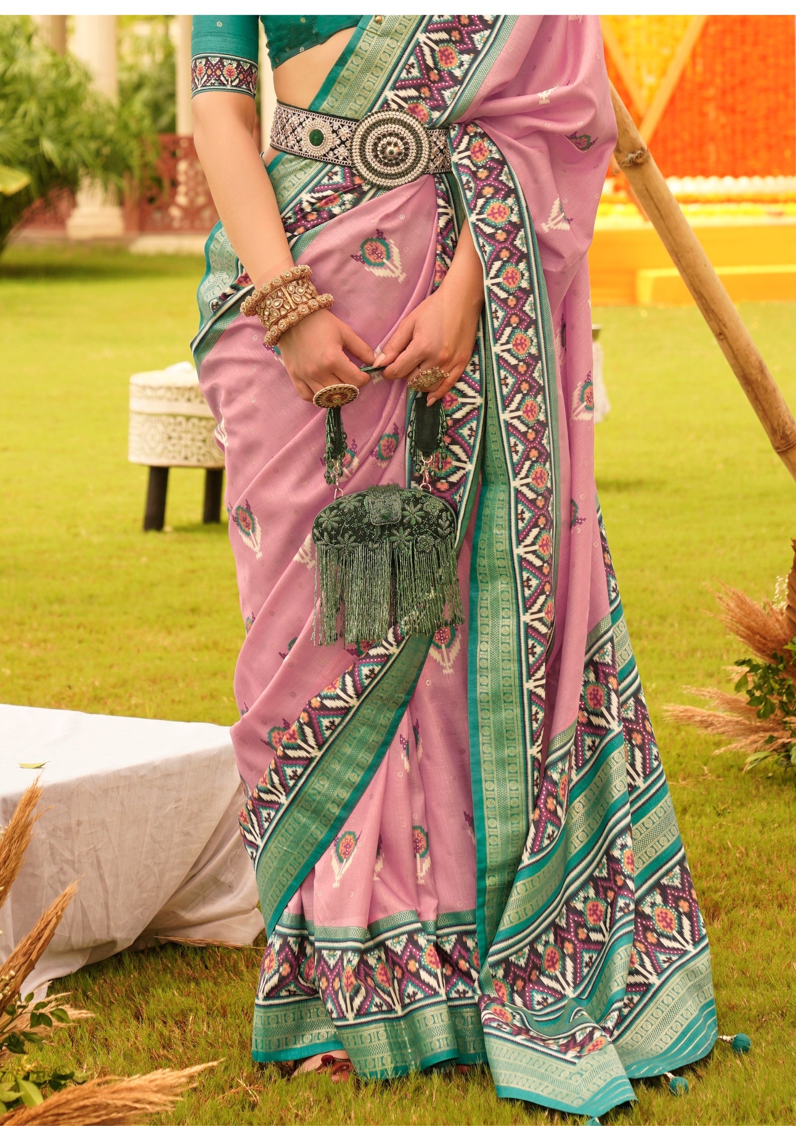 Pastel Pink with Cyan Border Silk with Aqua Finish