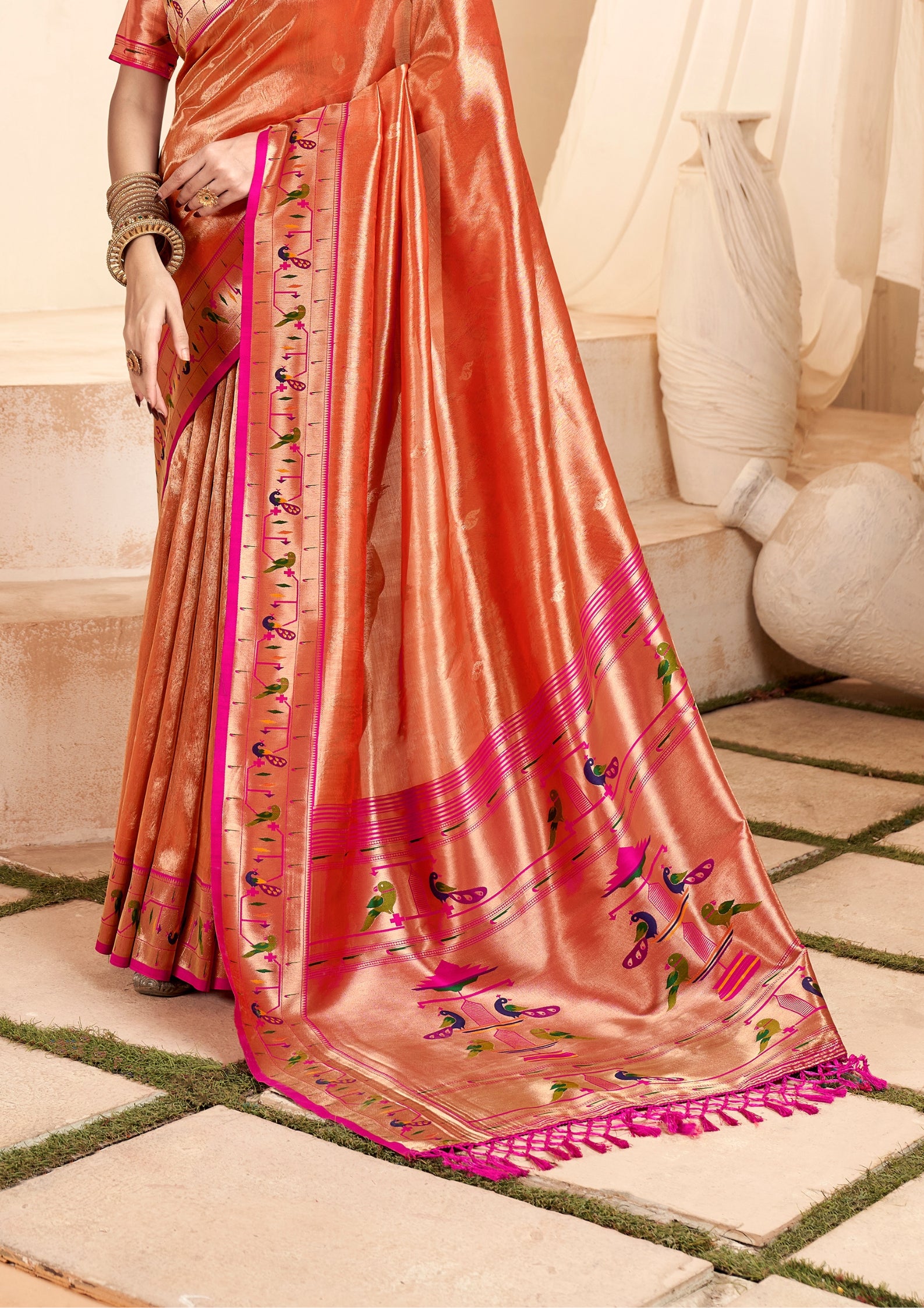 Pure Paithani Tissue Orange  Silk With Zari Border