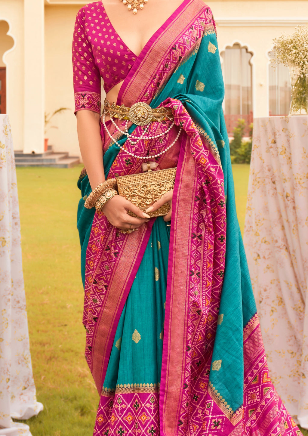 Turquise with Hot Pink Border Silk Saree with Aqua Finish