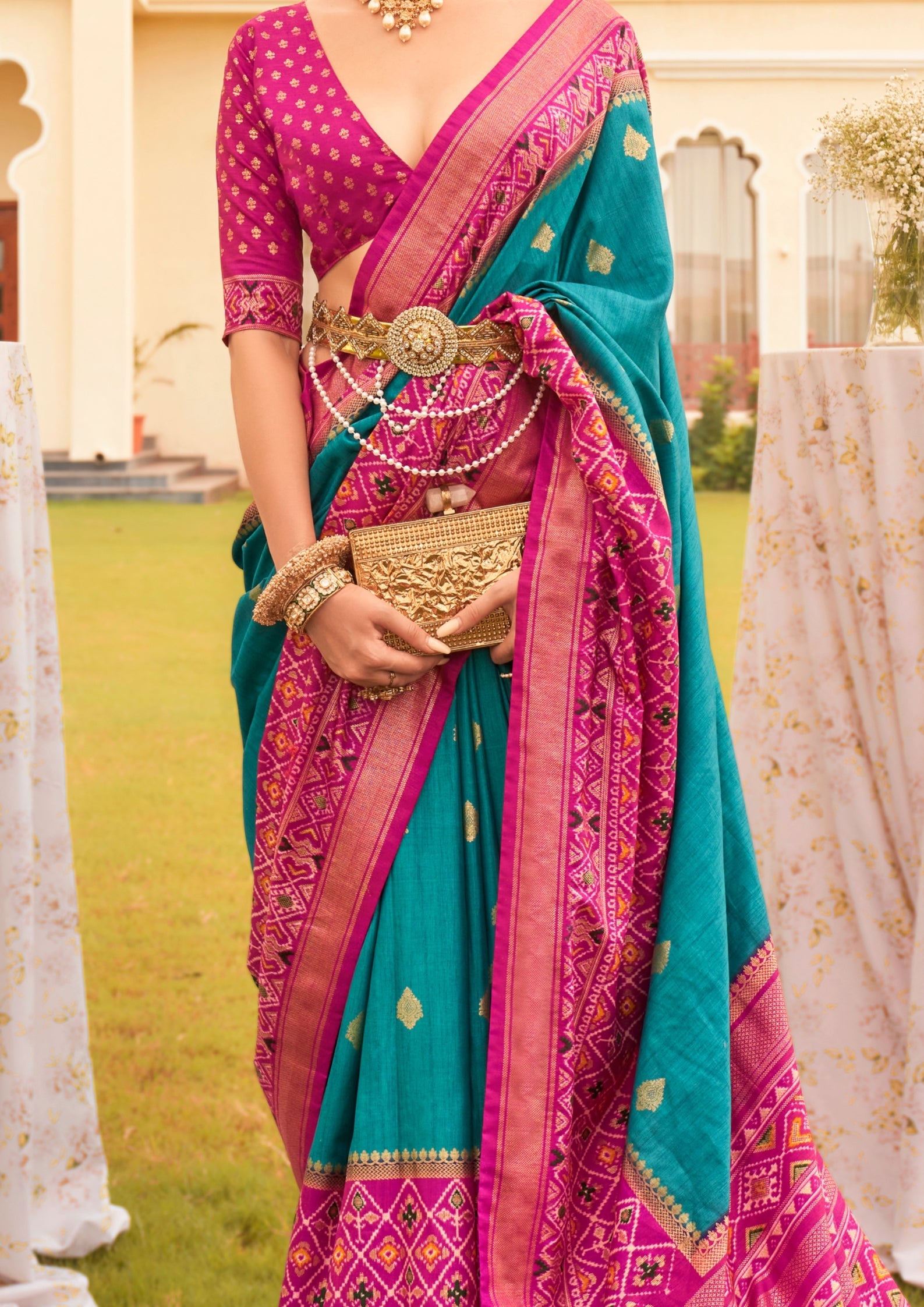 Turquise with Hot Pink Border Silk Saree with Aqua Finish
