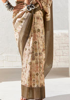 Beige silk Saree With Printed Zari Border