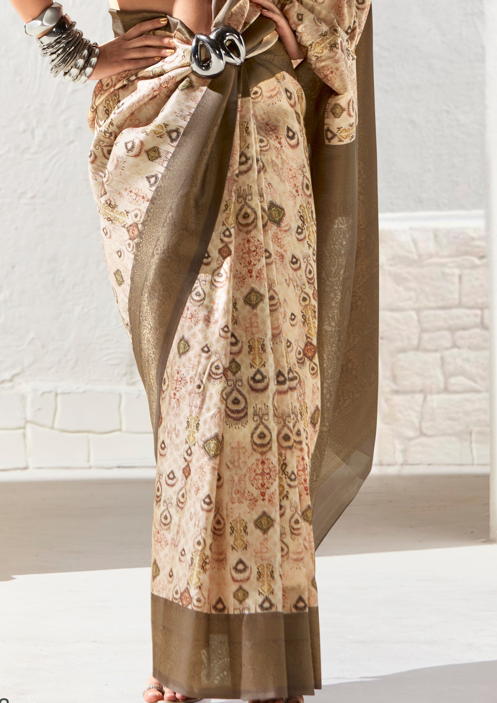 Beige silk Saree With Printed Zari Border
