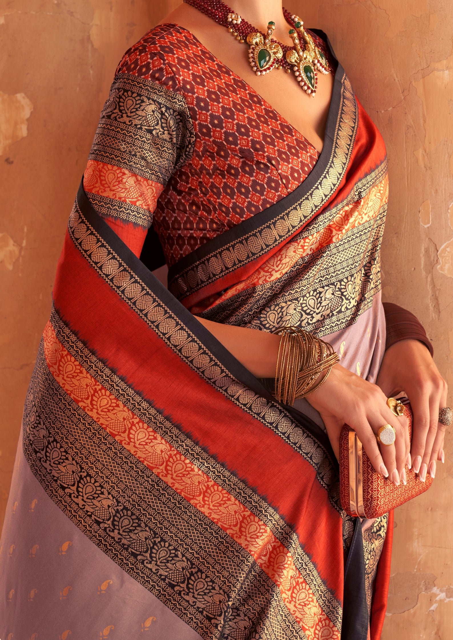 Light Grey Silk Saree With Patola Blouse