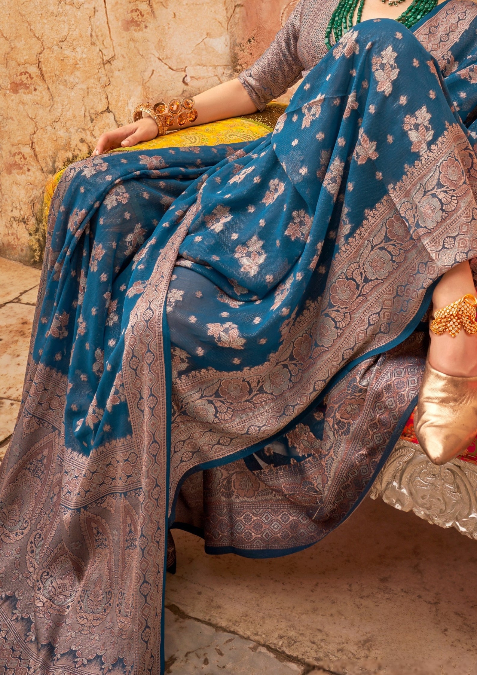 BLUE GEORGETTE SAREE WITH WEAVING BUTA BORDER