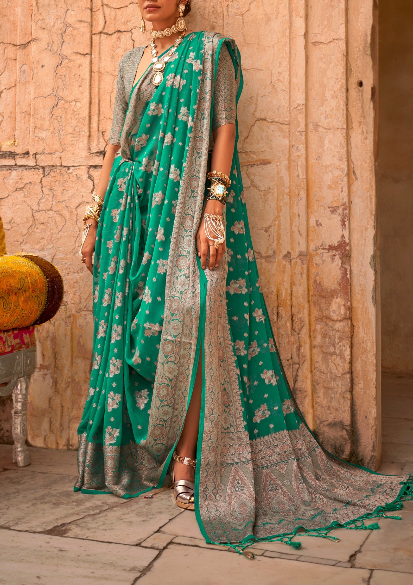 TEAL GEORGETTE  SAREE WITH WEAVING BUTA BORDER
