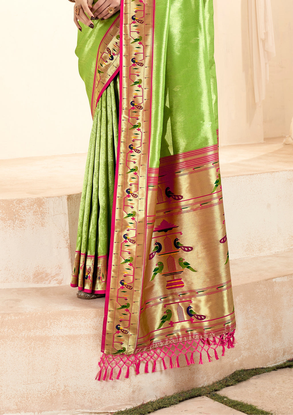Pure Paithani Tissue Lime Green Silk With Zari Border