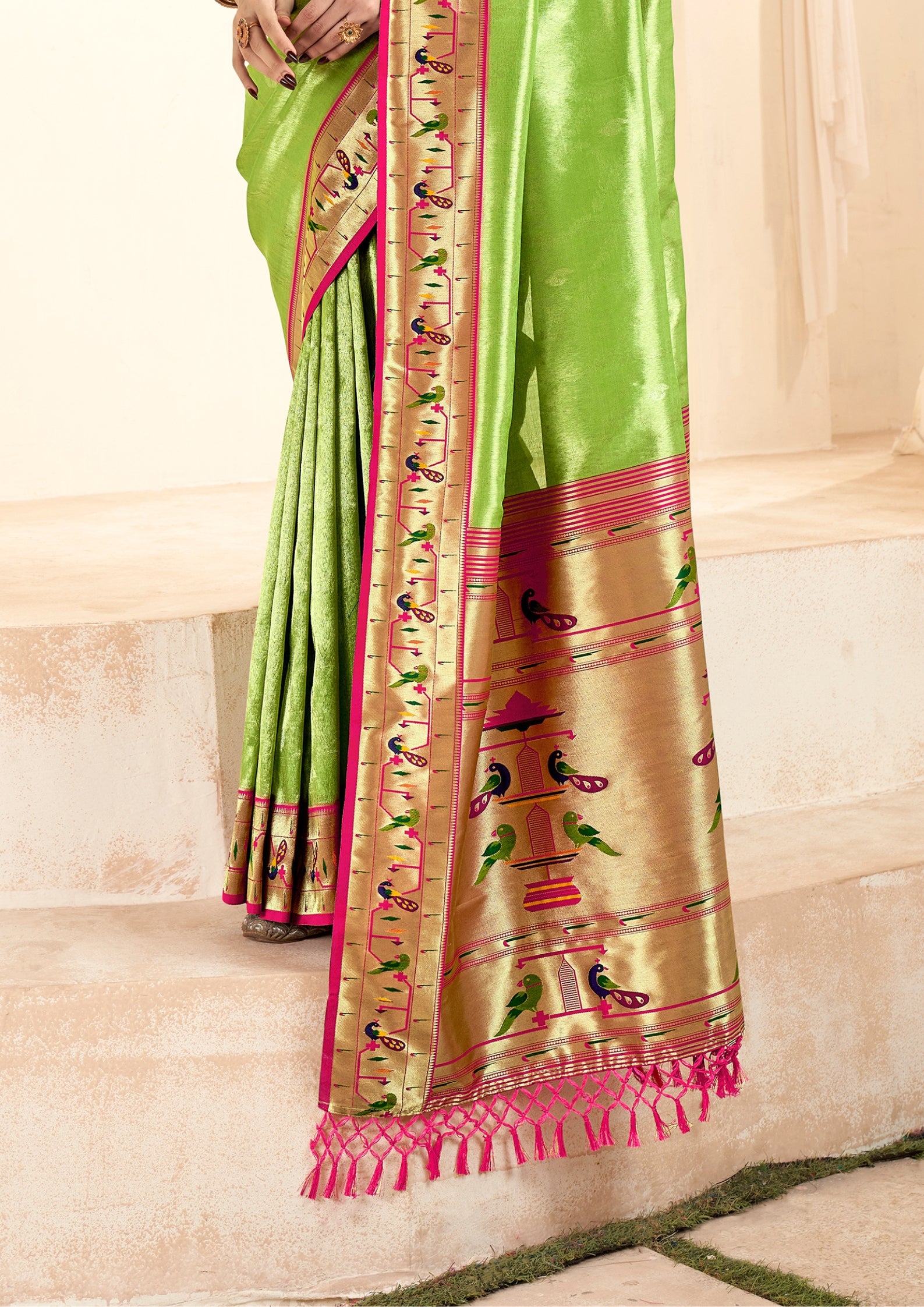 Pure Paithani Tissue Lime Green Silk With Zari Border