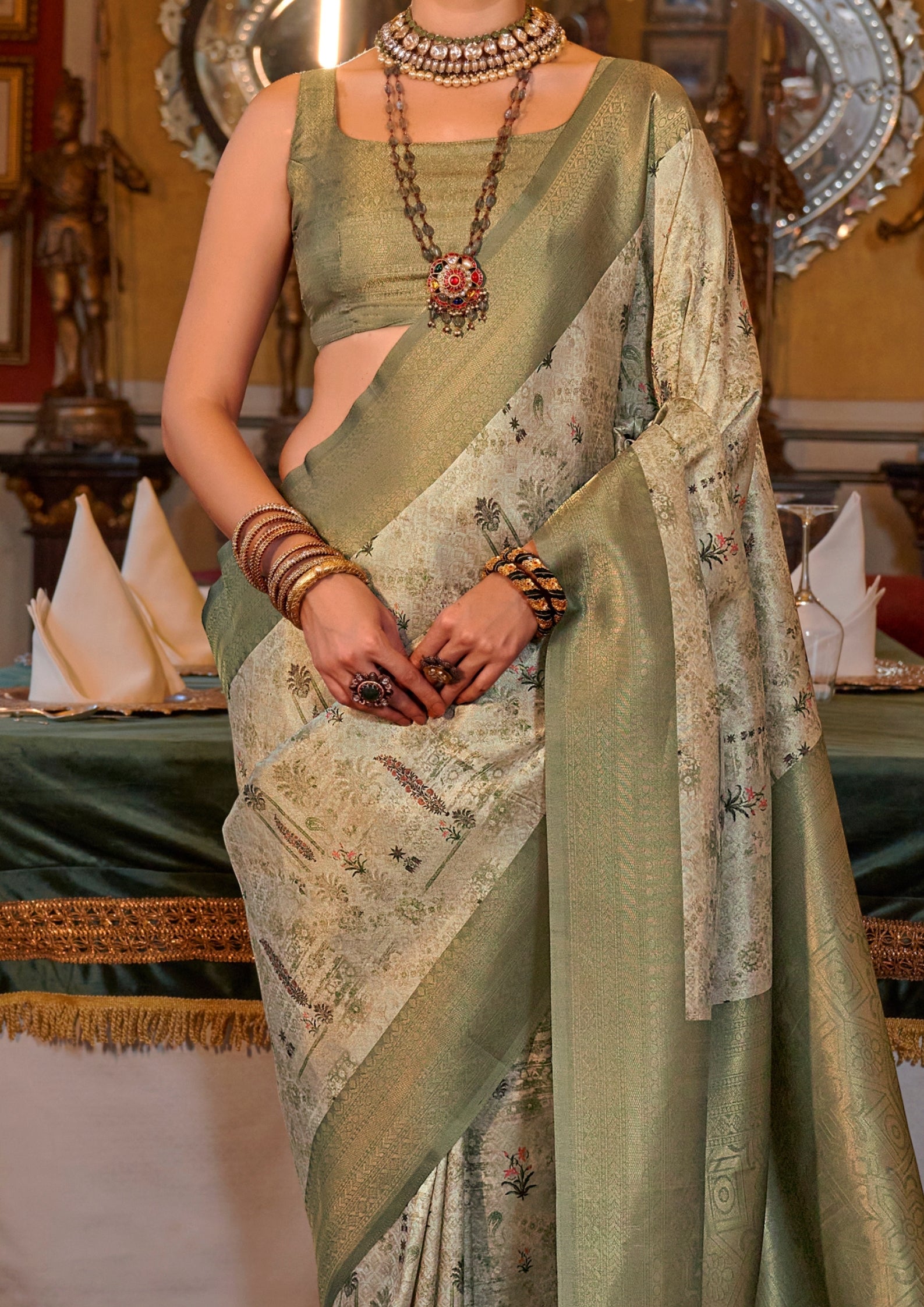 OLIVE GREEN TUSSER SILK WITH DIGITAL PRINTED ZARI BORDER SAREE