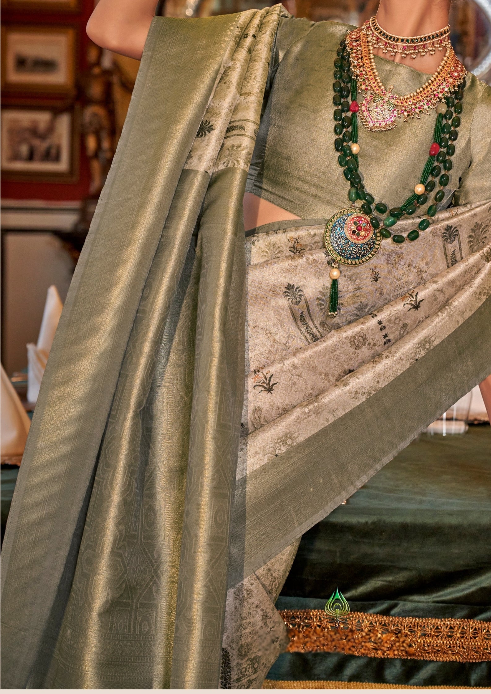 PISTACHIO TUSSER SILK WITH DIGITAL PRINTED ZARI BORDER SAREE