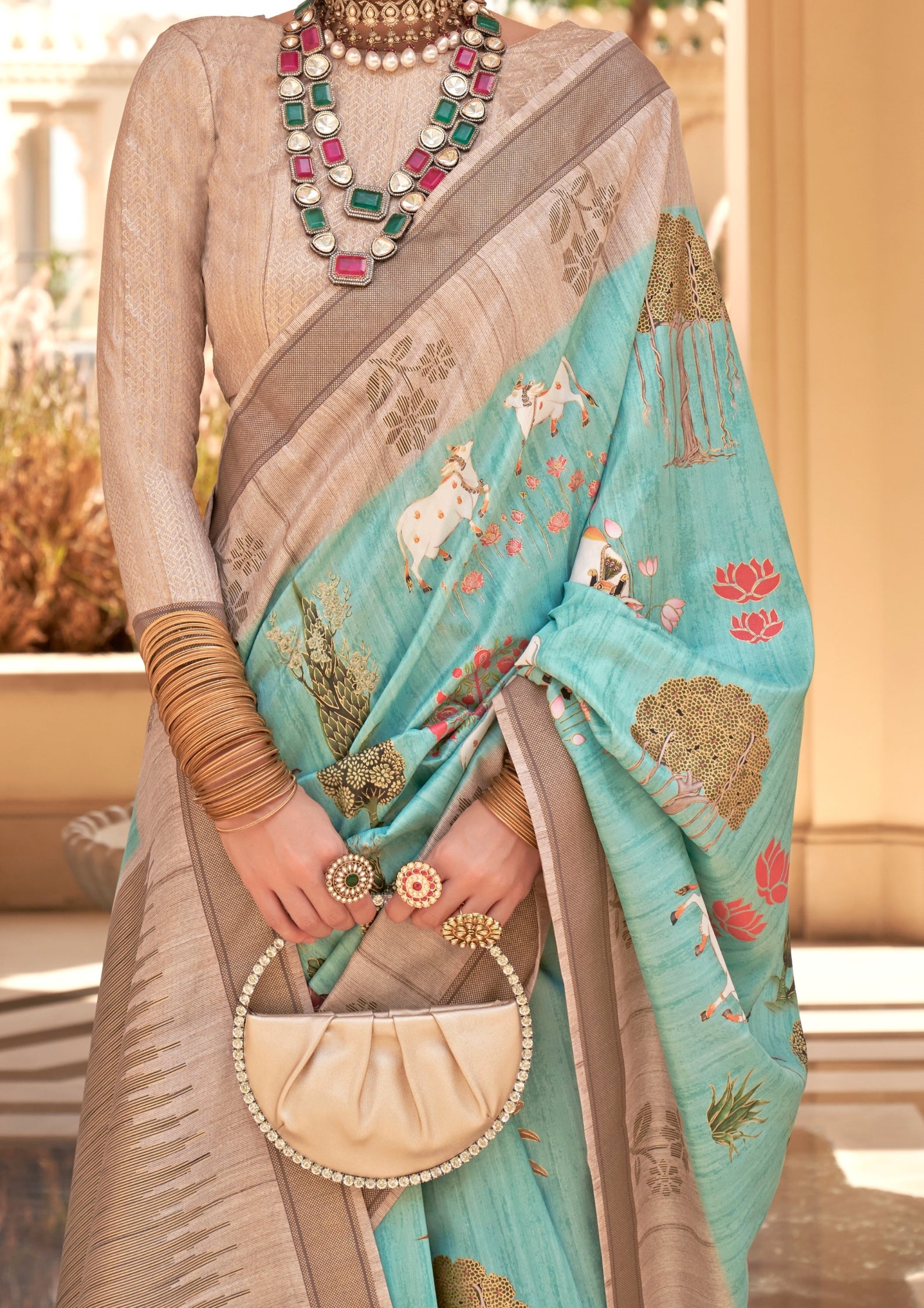 Electric Blue Raw Silk Saree With Foil And Khadi Print