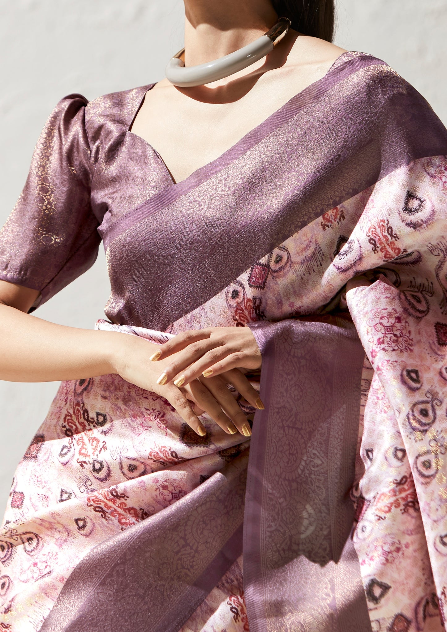 Rose Gold Saree With Printed Zari Border
