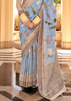 Pastel Blue Raw Silk Saree With Foil And Khadi Print