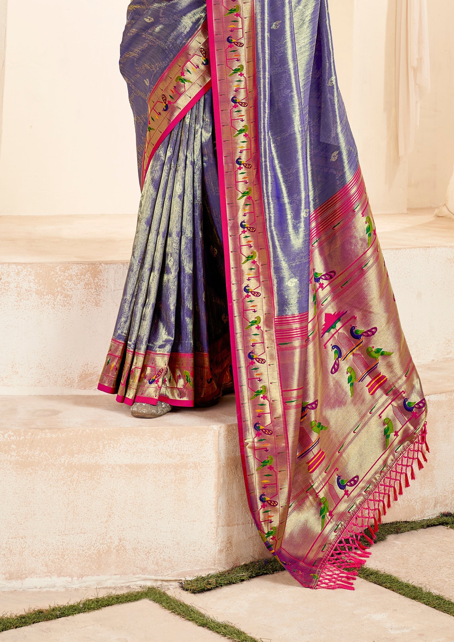 Pure Paithani Tissue Purple Silk With Zari Border