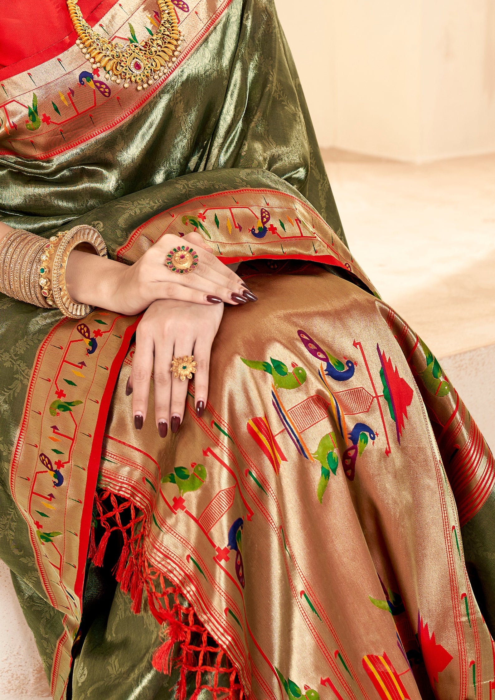 Pure Paithani Tissue Green Silk Saree with Zari Border
