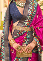 Rani Pink with Cyan Border Silk with Aqua Finish