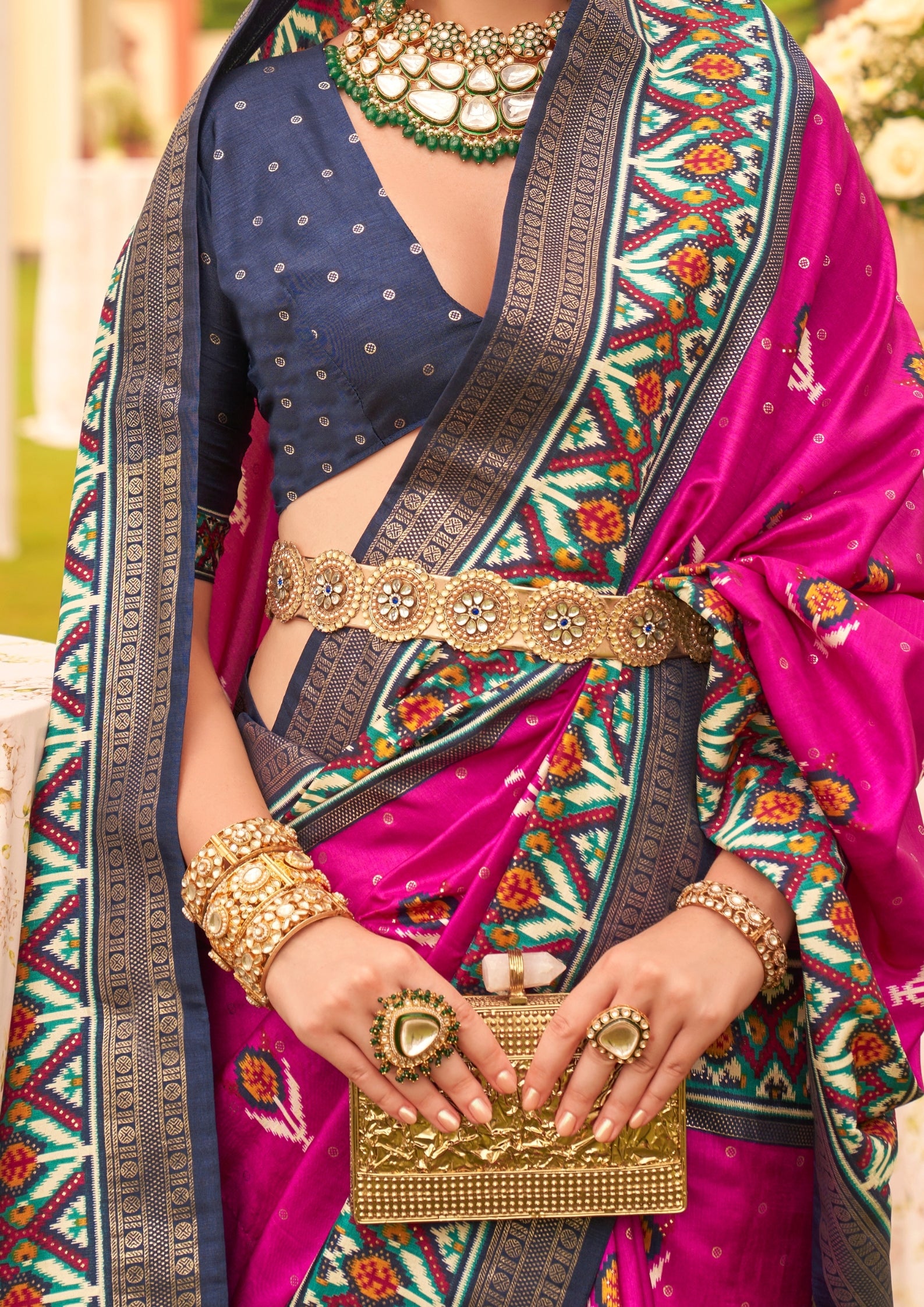 Rani Pink with Cyan Border Silk with Aqua Finish