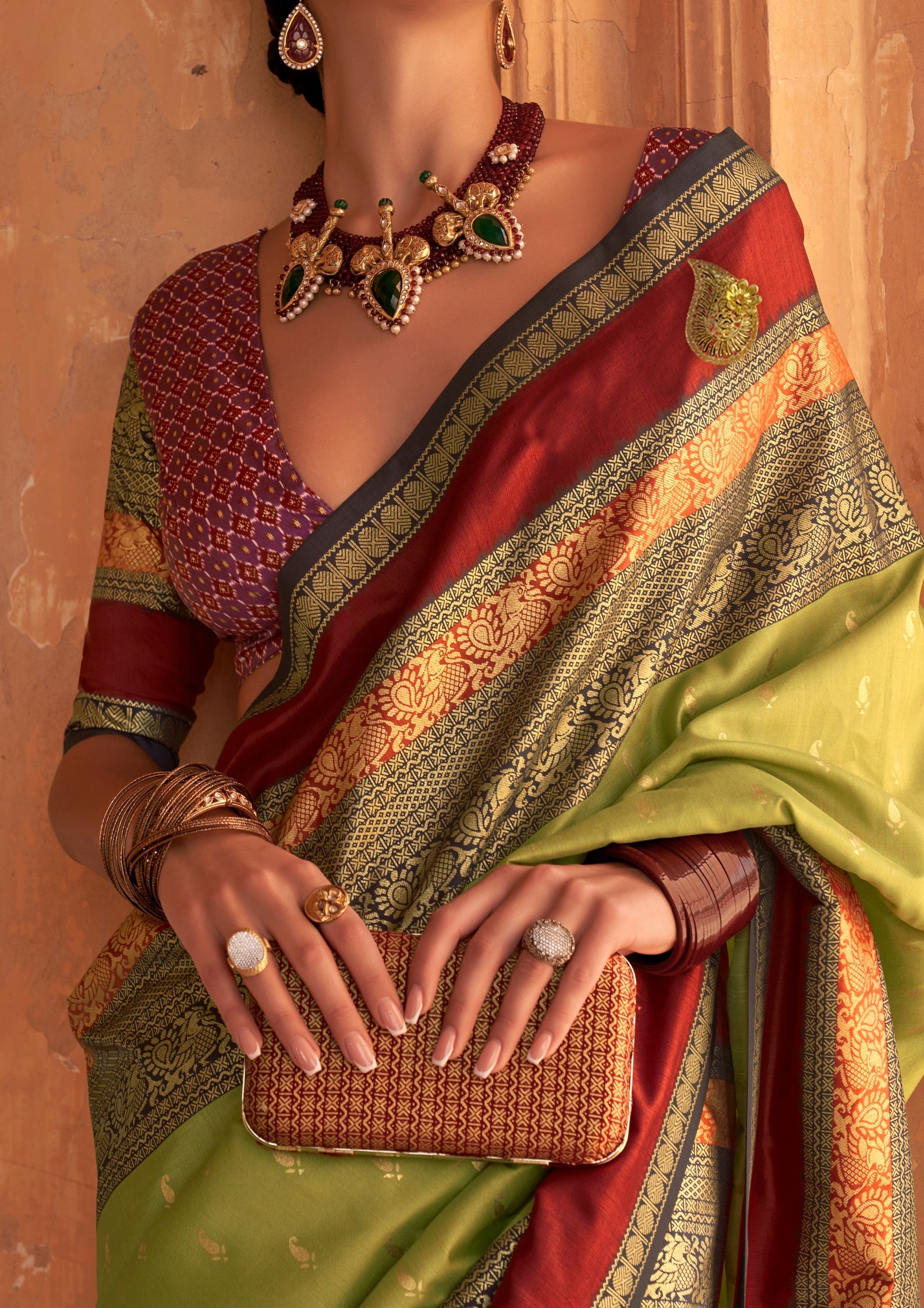 Sage Green Silk  Saree With Patola Blouse