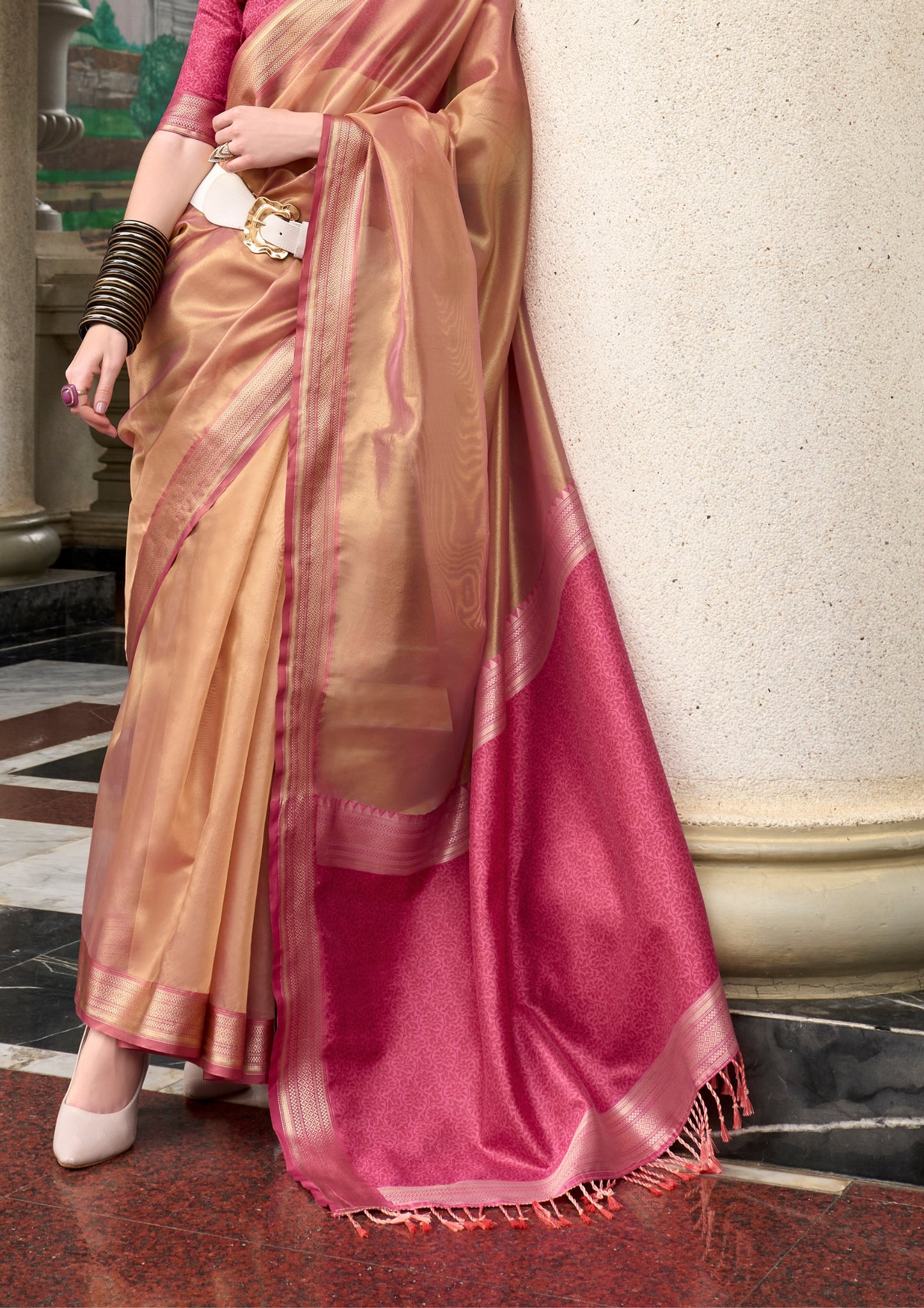 Pure Tissue Rose Gold Saaree  With Designer Pallu and blouse