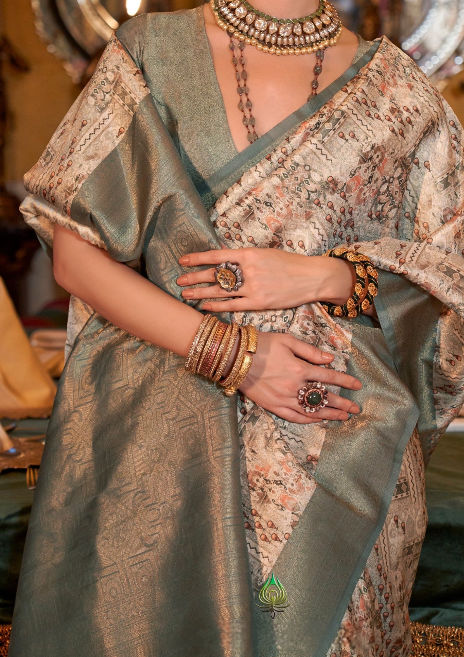 GREY TUSSER SILK WITH DIGITAL PRINTED ZARI BORDER SAREE