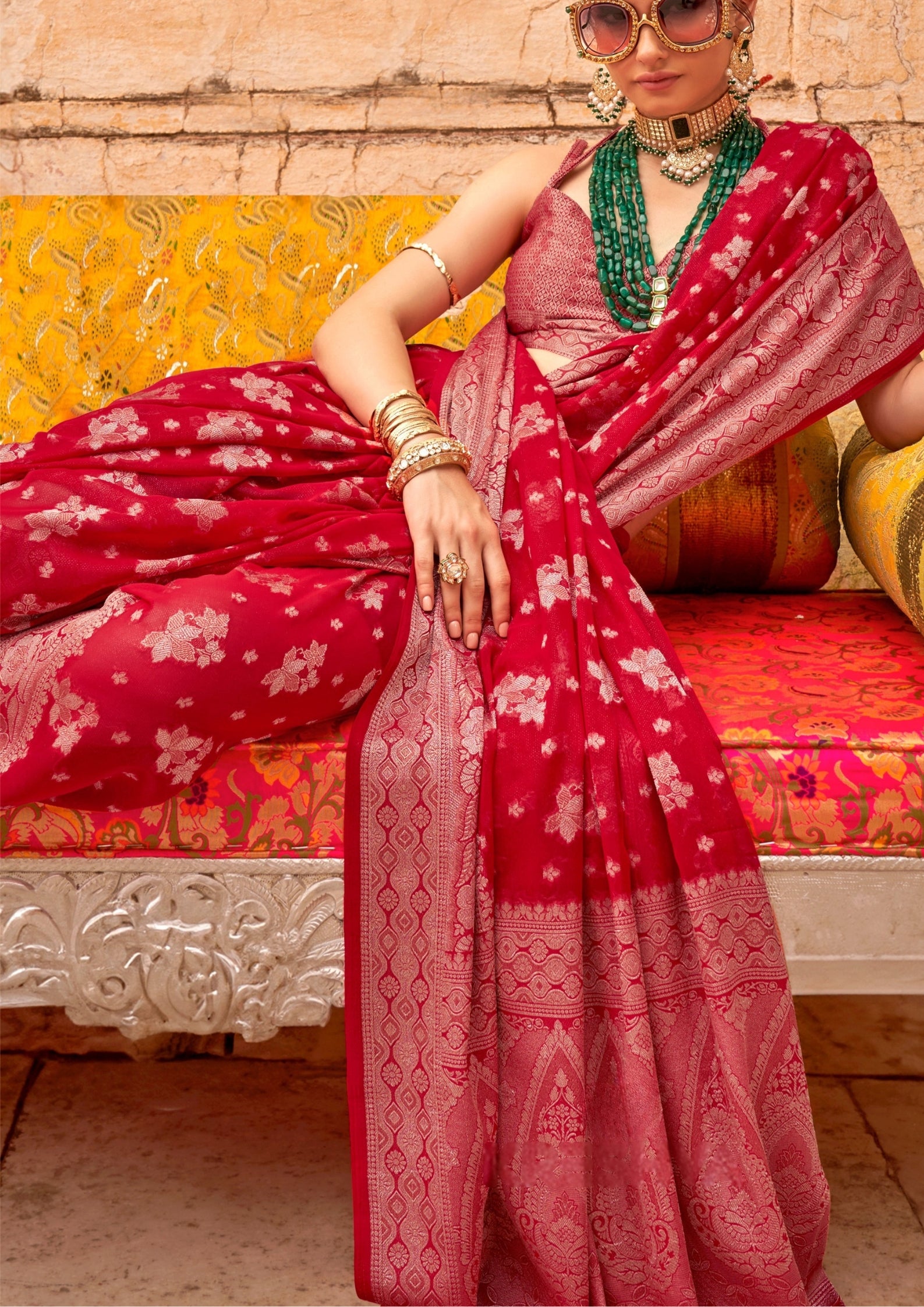 RED GEORGETTE SAREE WITH WEAVING BUTA BORDER