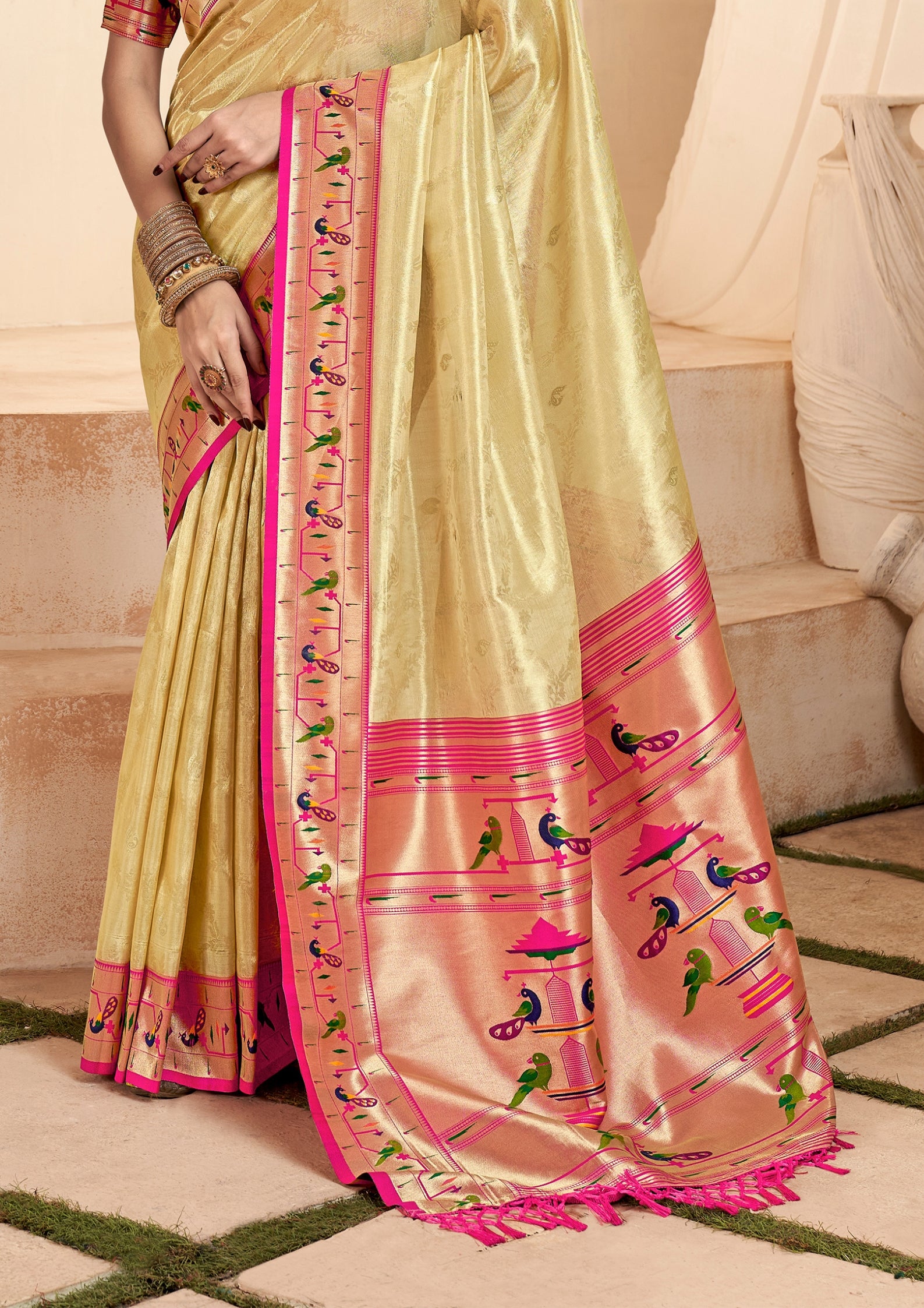 Pure Paithani Tissue Gold Silk With Zari Border