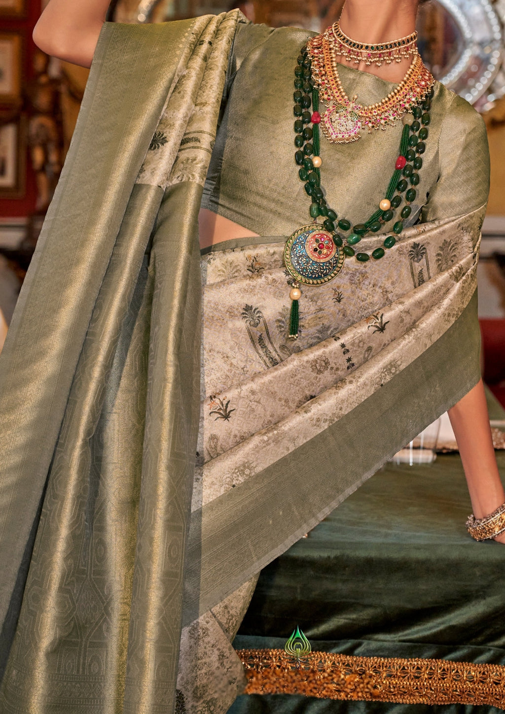 SAGE TUSSER SILK WITH DIGITAL PRINTED ZARI BORDER SAREE