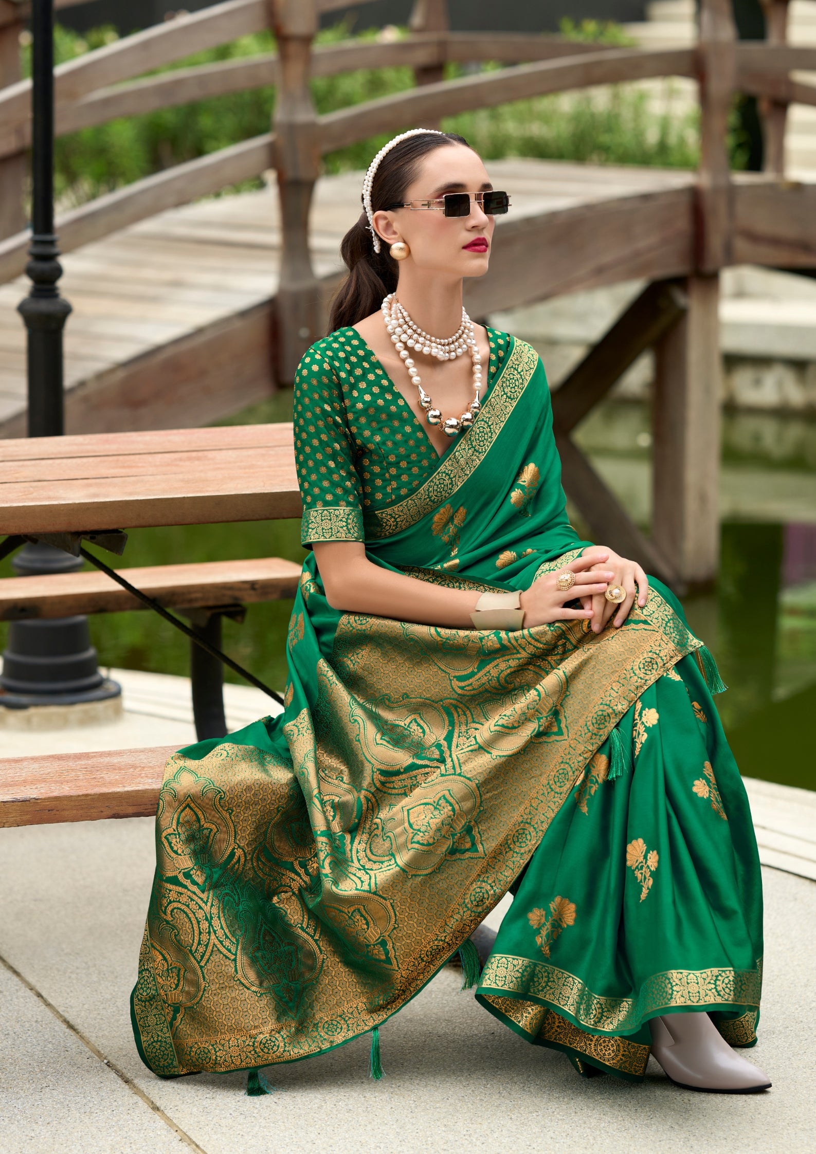PURE SATTIN HANDWOVEN GREEN WITH ZARI WEAVING
