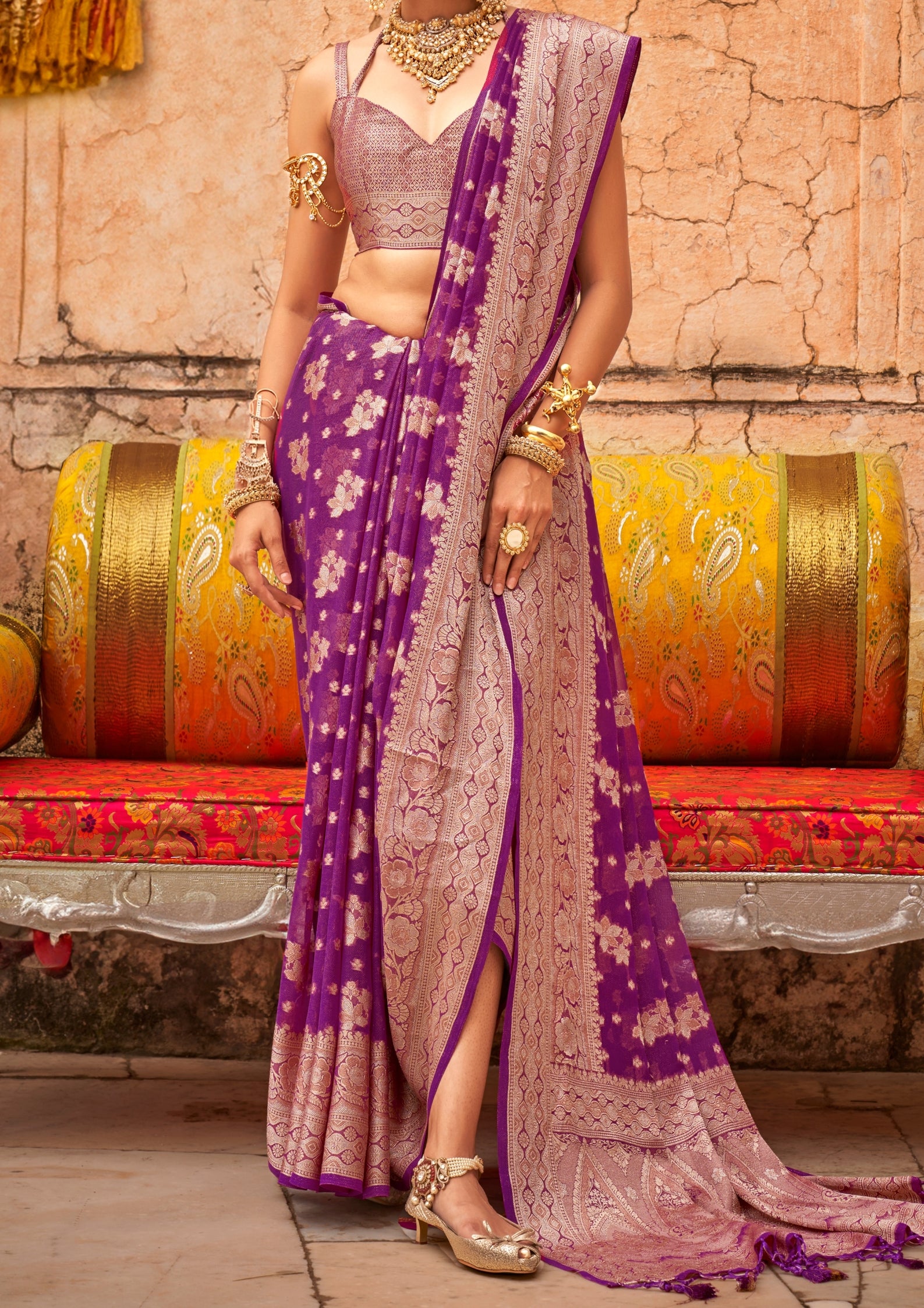 PURPLE GEORGETTE SAREE WITH WEAVING BUTA BORDER