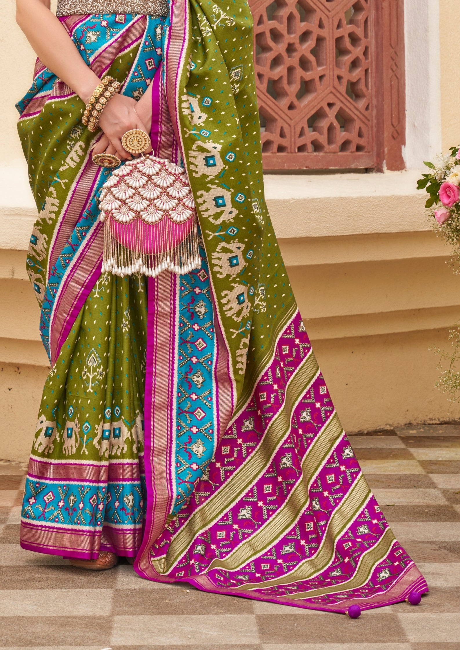 Olive And Magenta  Silk with Aqua Finish
