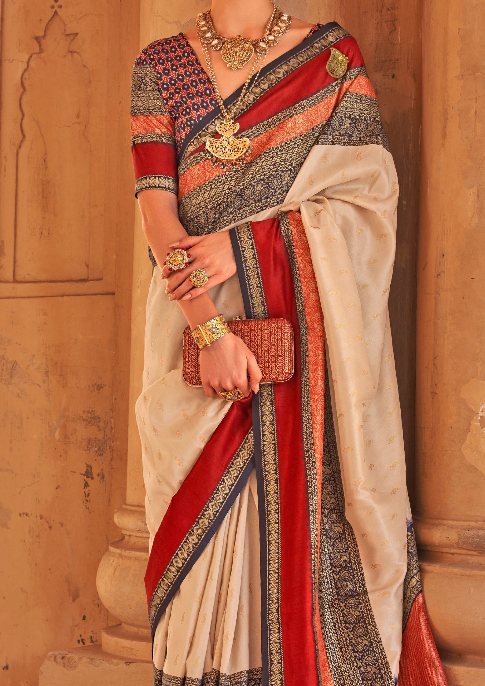 Cream Silk Saree With Patola Blouse