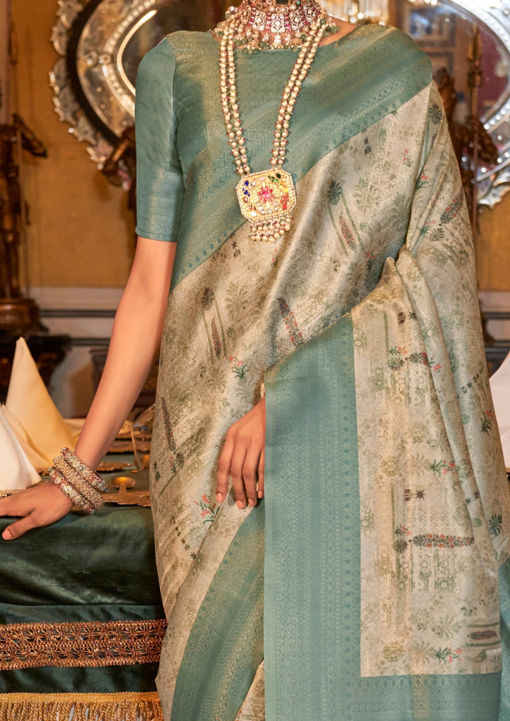 SEA GREEN TUSSER SILK WITH DIGITAL PRINTED ZARI BORDER SAREE