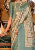 SEA GREEN TUSSER SILK WITH DIGITAL PRINTED ZARI BORDER SAREE