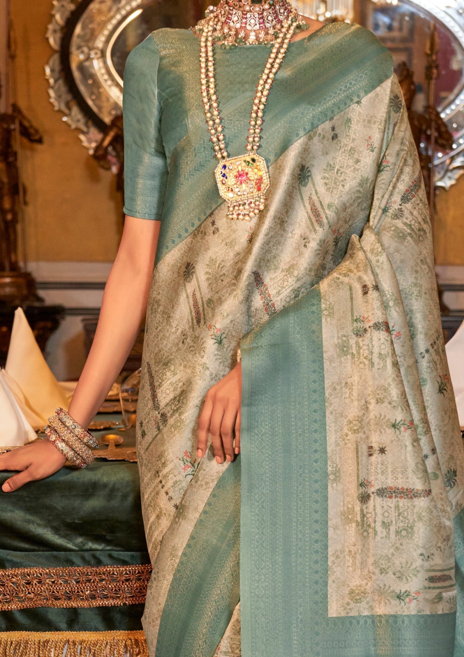 SEA GREEN TUSSER SILK WITH DIGITAL PRINTED ZARI BORDER SAREE