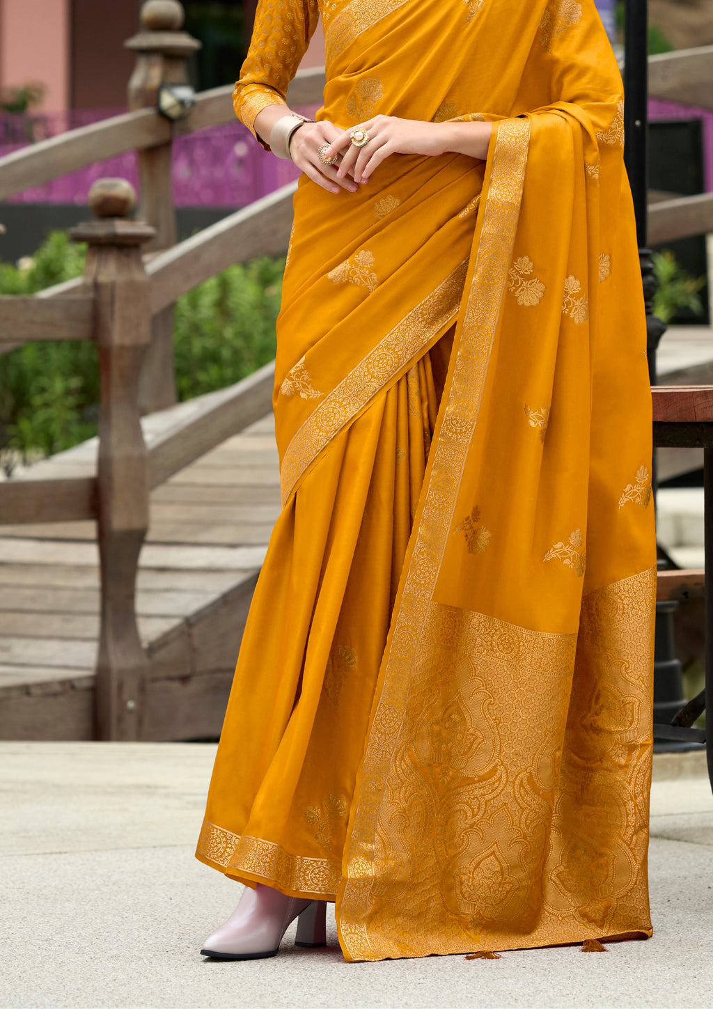 PURE SATTIN HANDWOVEN YELLOW WITH ZARI WEAVING