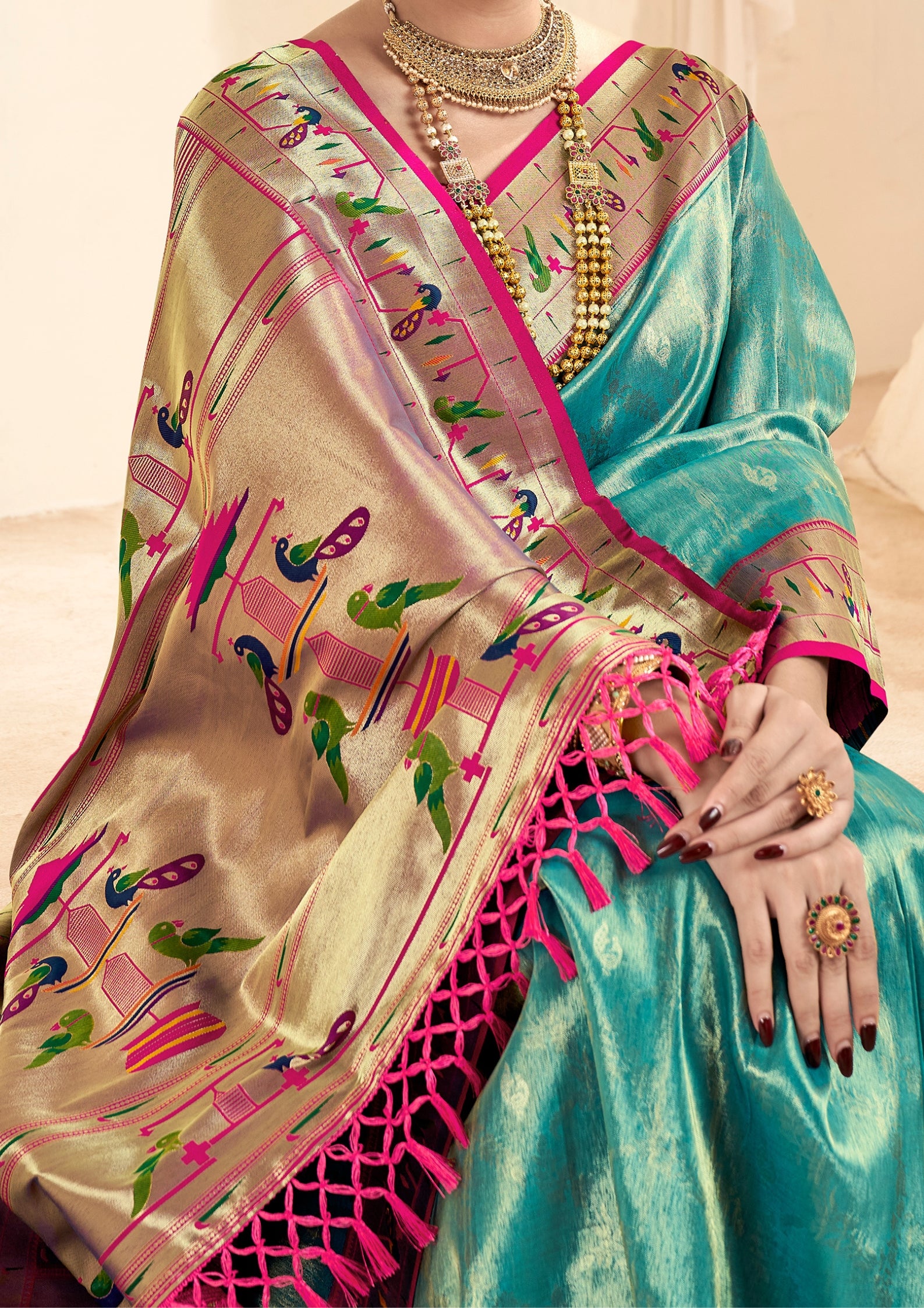 Pure Paithani Tissue Turquise  Silk With Zari Border