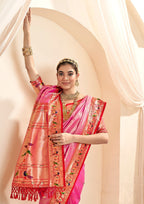 Pure Paithani Tissue Pink Silk With Zari Border