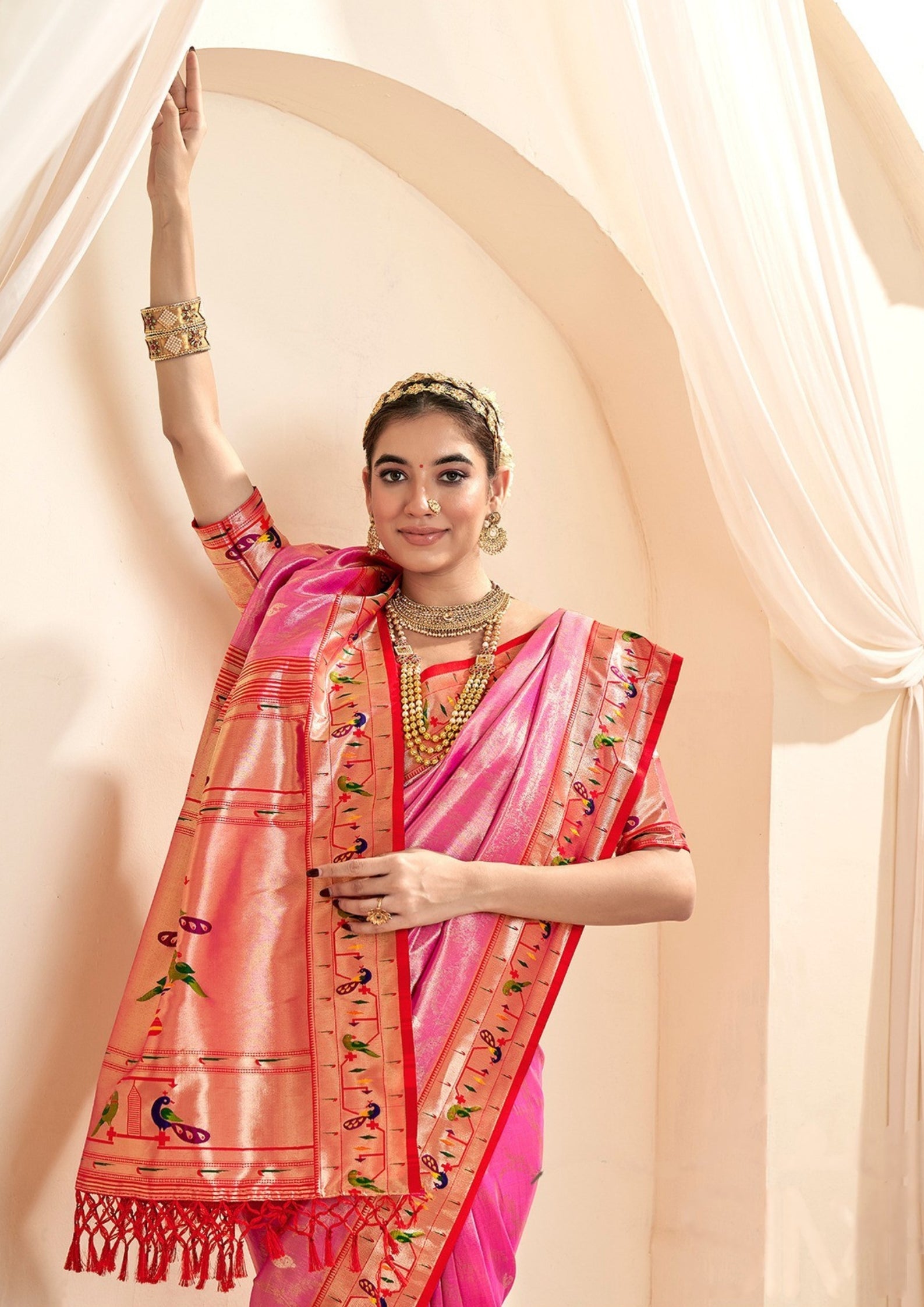 Pure Paithani Tissue Pink Silk With Zari Border