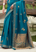 PURE SATTIN HANDWOVEN TEAL SAAREE WITH ZARI WEAVING