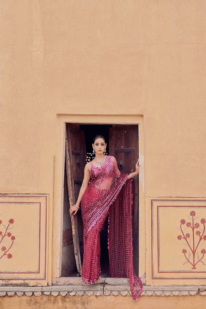 Premium Pink Mono Net Saree with Sequins embroidery