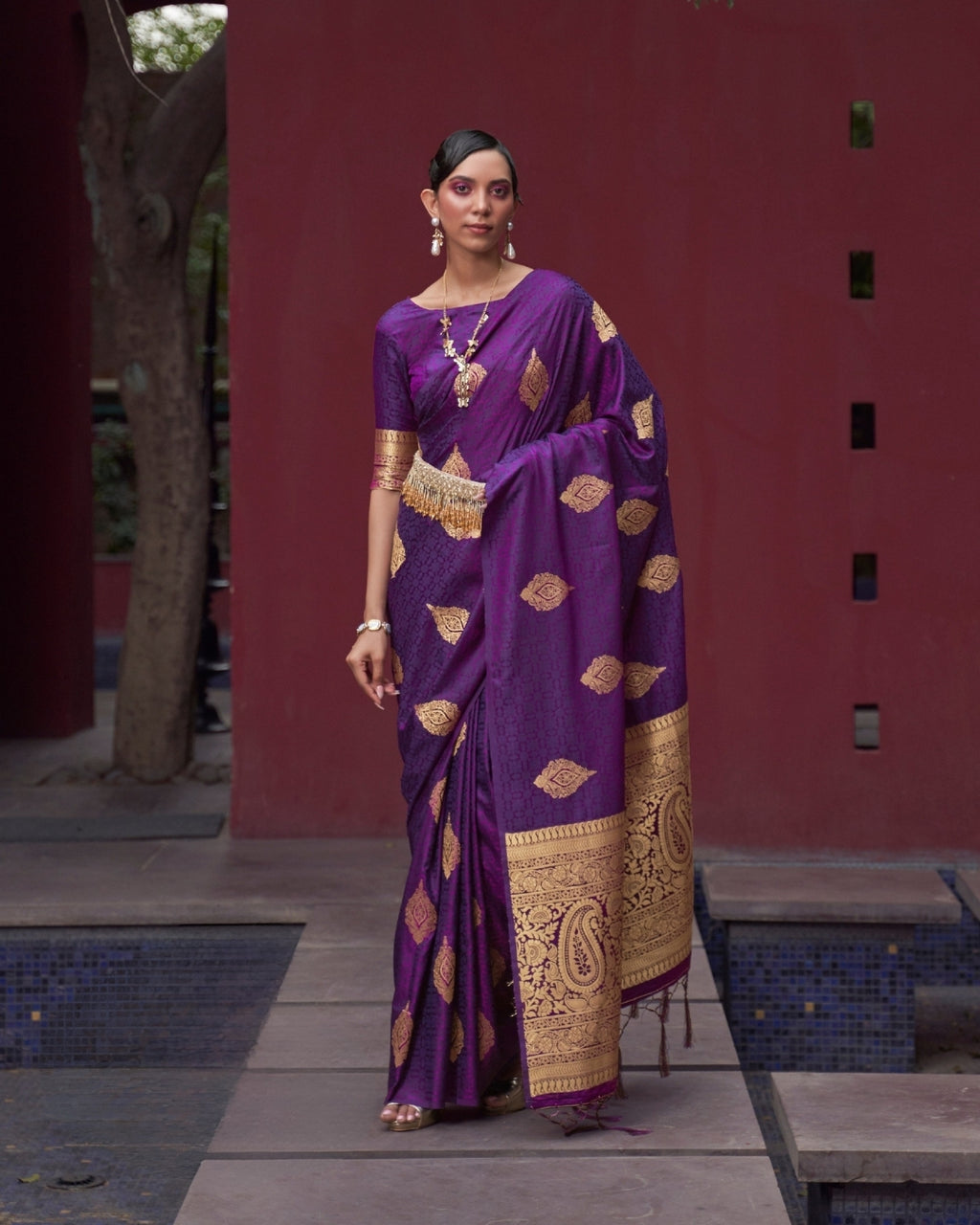 Purple Satin Silk Self woven saree