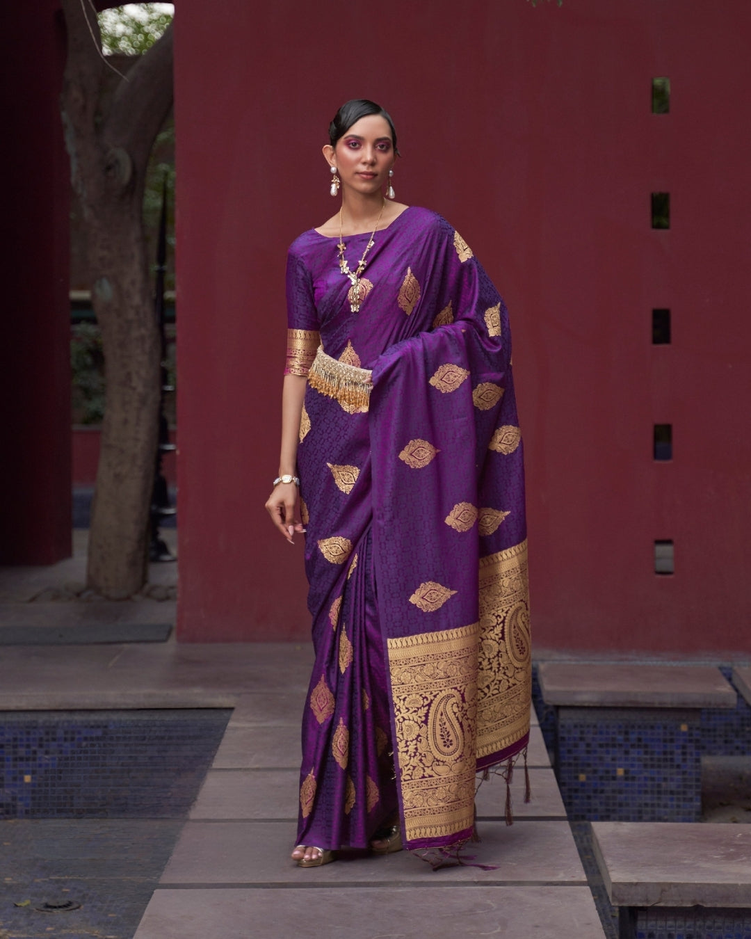 Purple Satin Silk Self woven saree