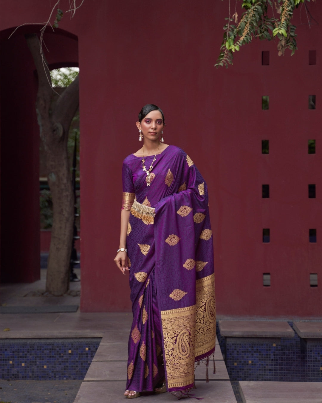 Purple Satin Silk Self woven saree