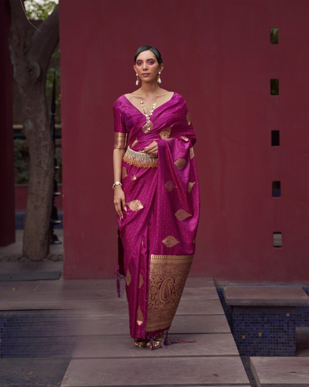 Magenta Satin Silk Self woven saree